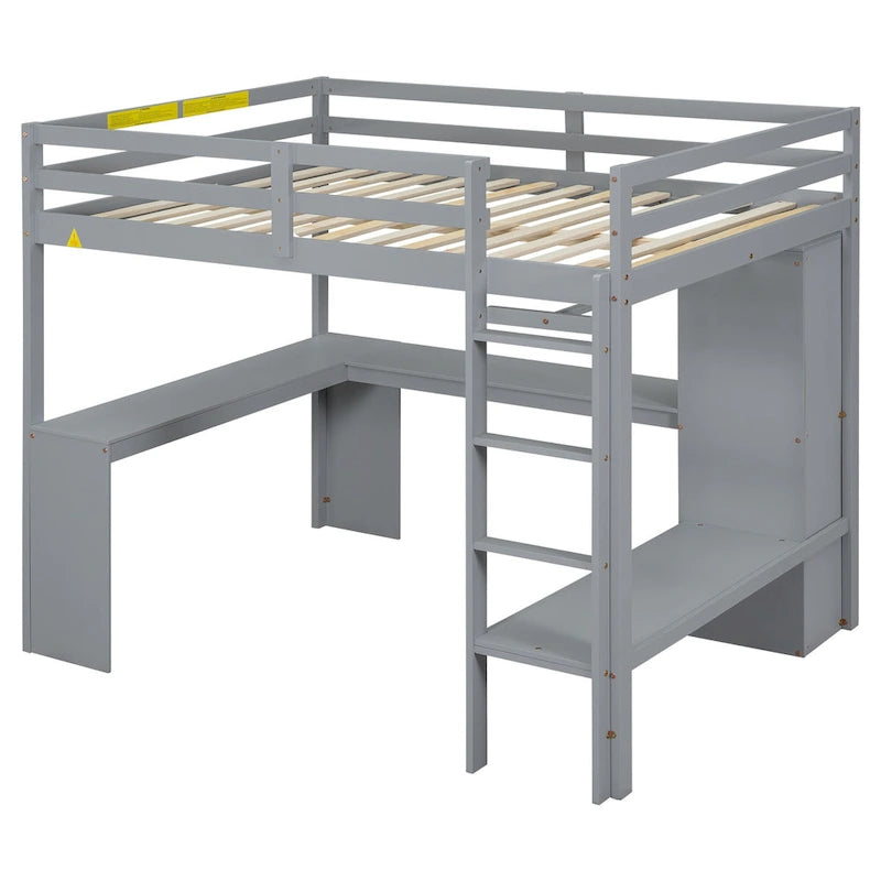 Lit mezzanine pleine grandeur avec bureau en L, armoire et étagères de rangement