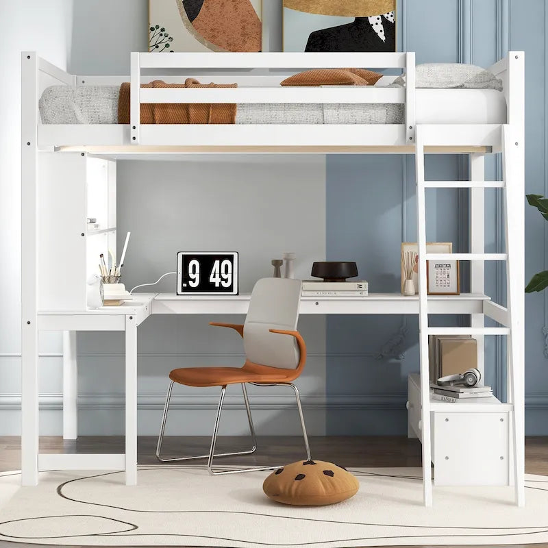 Lit mezzanine deux places avec bureau en L multi-rangements, éclairage LED et station de recharge USB, banc de rangement en bois avec 2 tiroirs