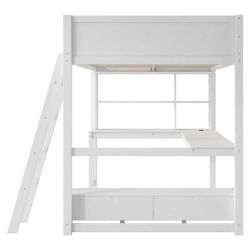 Lit mezzanine deux places avec bureau en L multi-rangements, éclairage LED et station de recharge USB, banc de rangement en bois avec 2 tiroirs