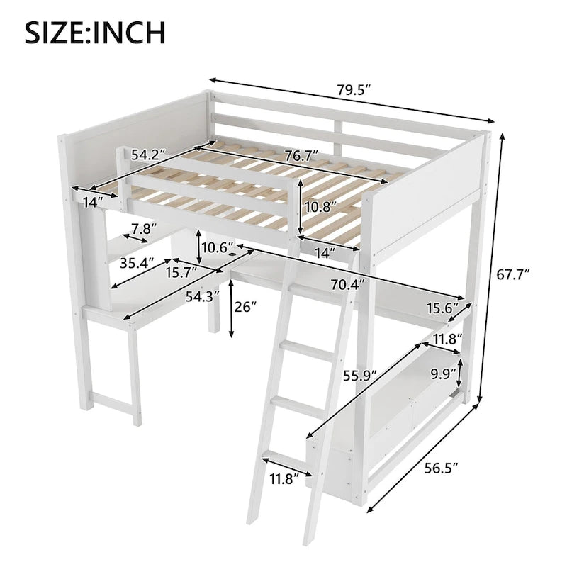 Lit mezzanine deux places avec bureau en L multi-rangements, éclairage LED et station de recharge USB, banc de rangement en bois avec 2 tiroirs