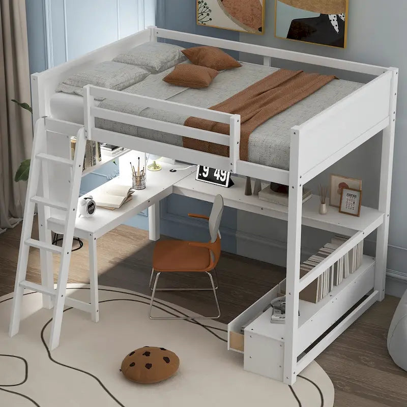 Lit mezzanine deux places avec bureau en L multi-rangements, éclairage LED et station de recharge USB, banc de rangement en bois avec 2 tiroirs