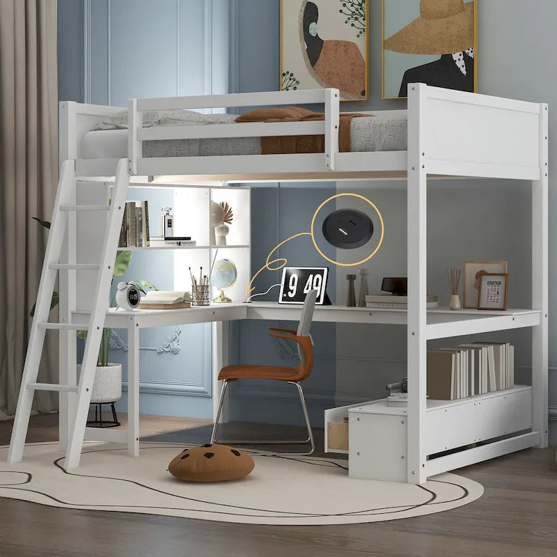 Lit mezzanine deux places avec bureau en L multi-rangements, éclairage LED et station de recharge USB, banc de rangement en bois avec 2 tiroirs