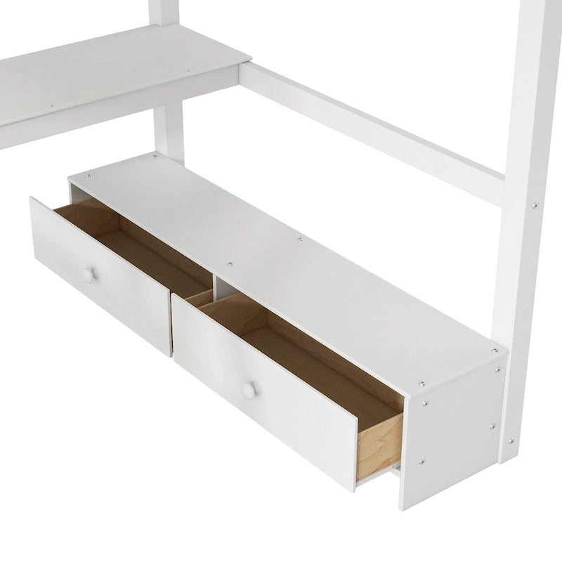 Lit mezzanine deux places avec bureau en L multi-rangements, éclairage LED et station de recharge USB, banc de rangement en bois avec 2 tiroirs