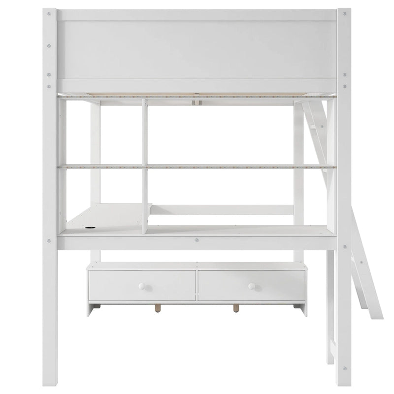 Lit mezzanine deux places avec bureau en L multi-rangements, éclairage LED et station de recharge USB, banc de rangement en bois avec 2 tiroirs
