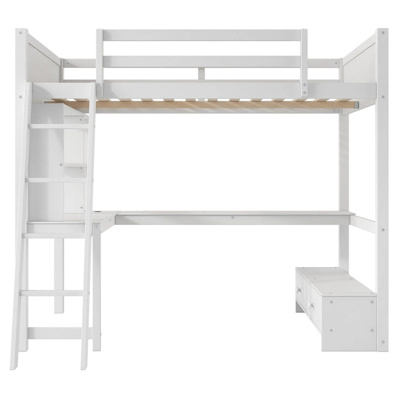 Lit mezzanine deux places avec bureau en L multi-rangements, éclairage LED et station de recharge USB, banc de rangement en bois avec 2 tiroirs