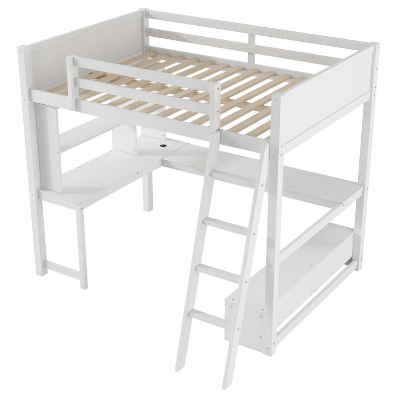 Lit mezzanine deux places avec bureau en L multi-rangements, éclairage LED et station de recharge USB, banc de rangement en bois avec 2 tiroirs