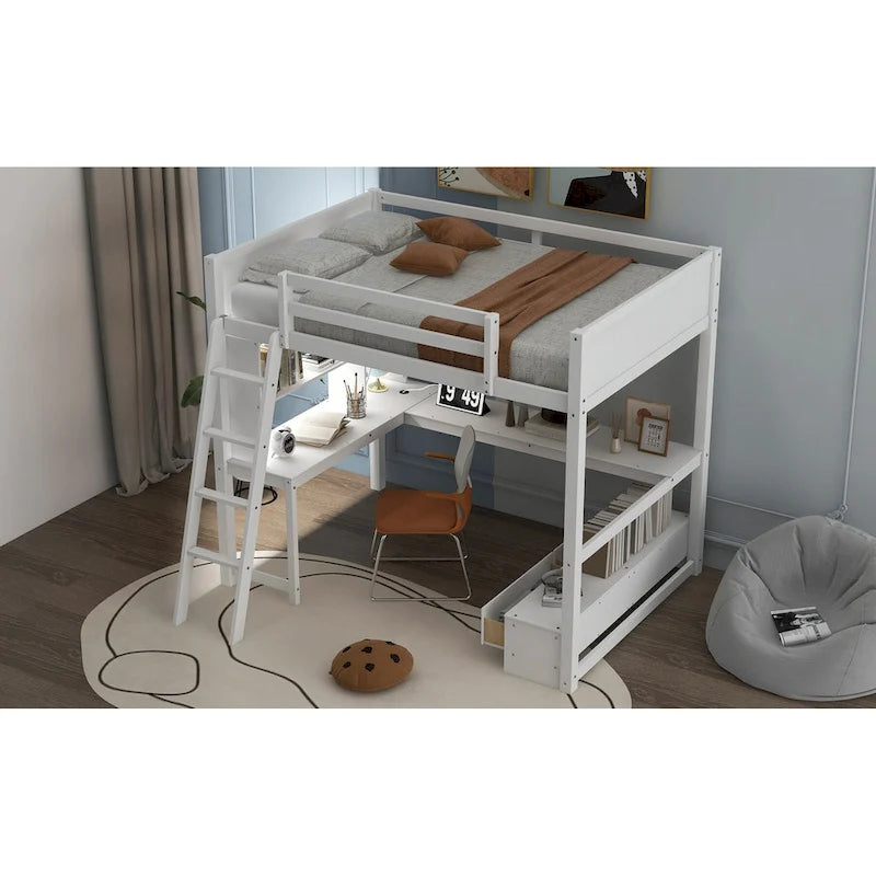 Lit mezzanine deux places avec bureau en L multi-rangements, éclairage LED et station de recharge USB, banc de rangement en bois avec 2 tiroirs