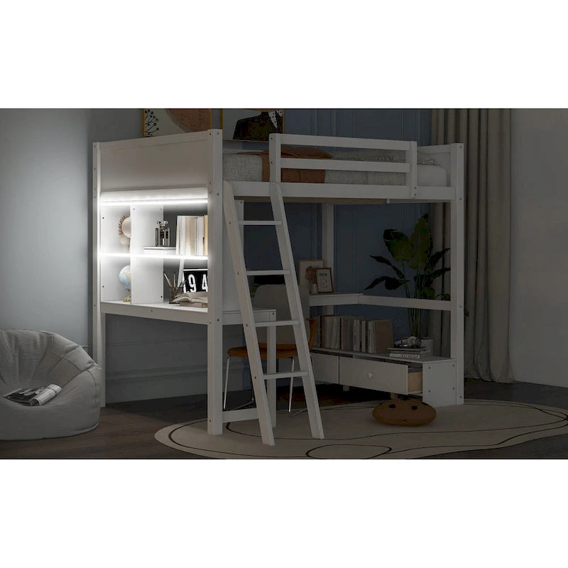 Lit mezzanine deux places avec bureau en L multi-rangements, éclairage LED et station de recharge USB, banc de rangement en bois avec 2 tiroirs