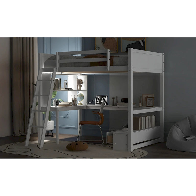 Lit mezzanine deux places avec bureau en L multi-rangements, éclairage LED et station de recharge USB, banc de rangement en bois avec 2 tiroirs