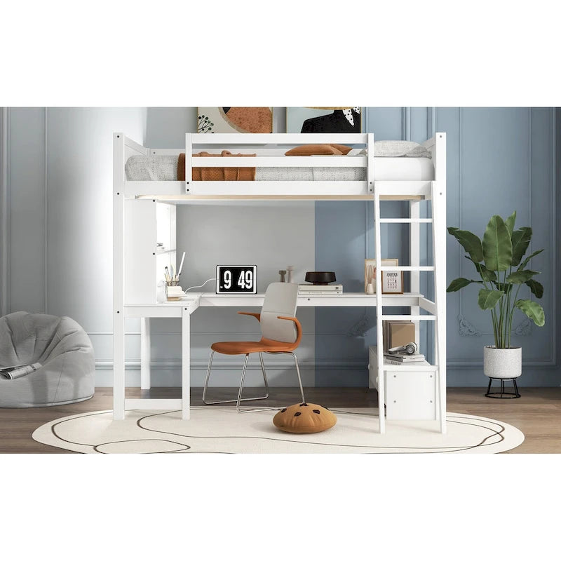 Lit mezzanine deux places avec bureau en L multi-rangements, éclairage LED et station de recharge USB, banc de rangement en bois avec 2 tiroirs