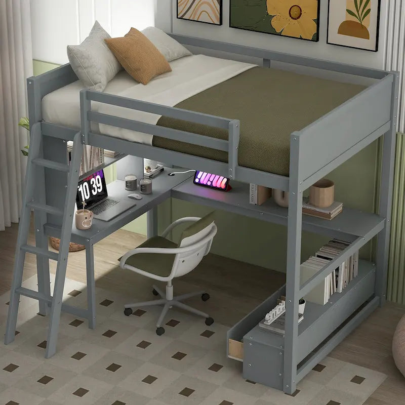 Lit mezzanine deux places avec bureau en L multi-rangements, éclairage LED et station de recharge USB, banc de rangement en bois avec 2 tiroirs