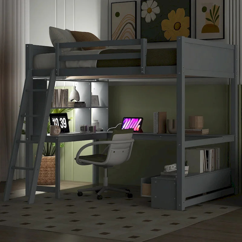 Lit mezzanine deux places avec bureau en L multi-rangements, éclairage LED et station de recharge USB, banc de rangement en bois avec 2 tiroirs