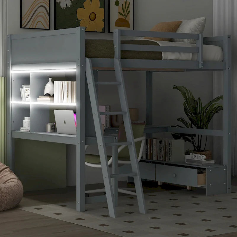 Lit mezzanine deux places avec bureau en L multi-rangements, éclairage LED et station de recharge USB, banc de rangement en bois avec 2 tiroirs