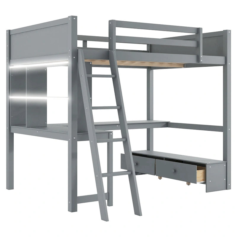 Lit mezzanine deux places avec bureau en L multi-rangements, éclairage LED et station de recharge USB, banc de rangement en bois avec 2 tiroirs