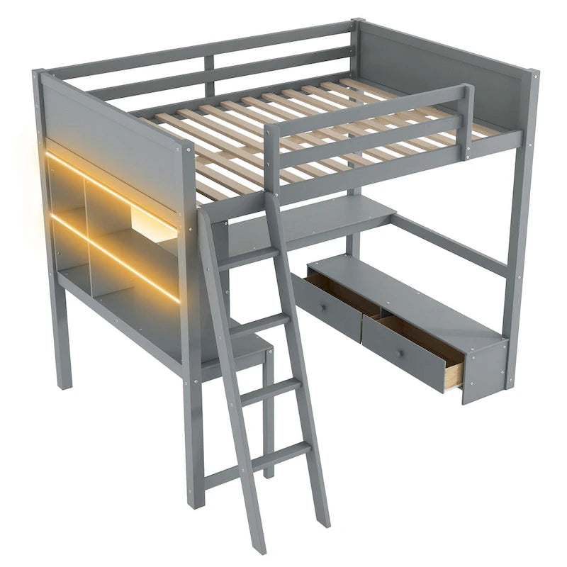 Lit mezzanine deux places avec bureau en L multi-rangements, éclairage LED et station de recharge USB, banc de rangement en bois avec 2 tiroirs