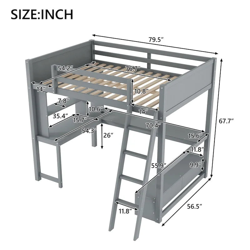 Lit mezzanine deux places avec bureau en L multi-rangements, éclairage LED et station de recharge USB, banc de rangement en bois avec 2 tiroirs