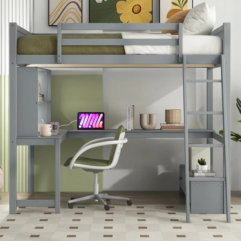Lit mezzanine deux places avec bureau en L multi-rangements, éclairage LED et station de recharge USB, banc de rangement en bois avec 2 tiroirs
