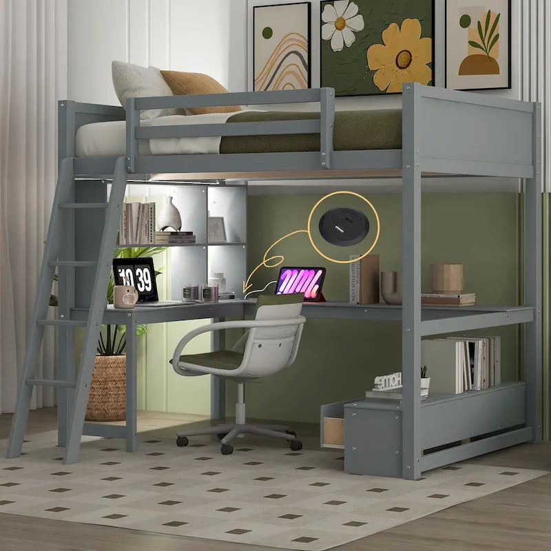 Lit mezzanine deux places avec bureau en L multi-rangements, éclairage LED et station de recharge USB, banc de rangement en bois avec 2 tiroirs