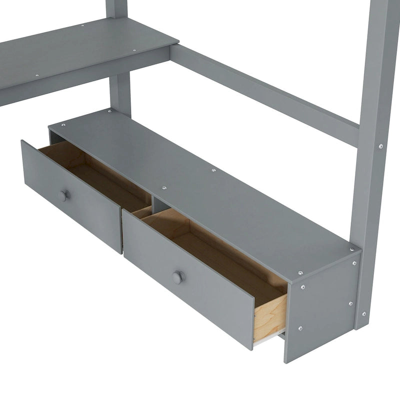Lit mezzanine deux places avec bureau en L multi-rangements, éclairage LED et station de recharge USB, banc de rangement en bois avec 2 tiroirs
