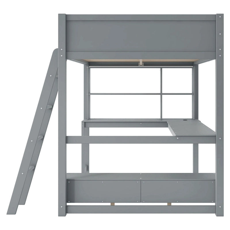Lit mezzanine deux places avec bureau en L multi-rangements, éclairage LED et station de recharge USB, banc de rangement en bois avec 2 tiroirs