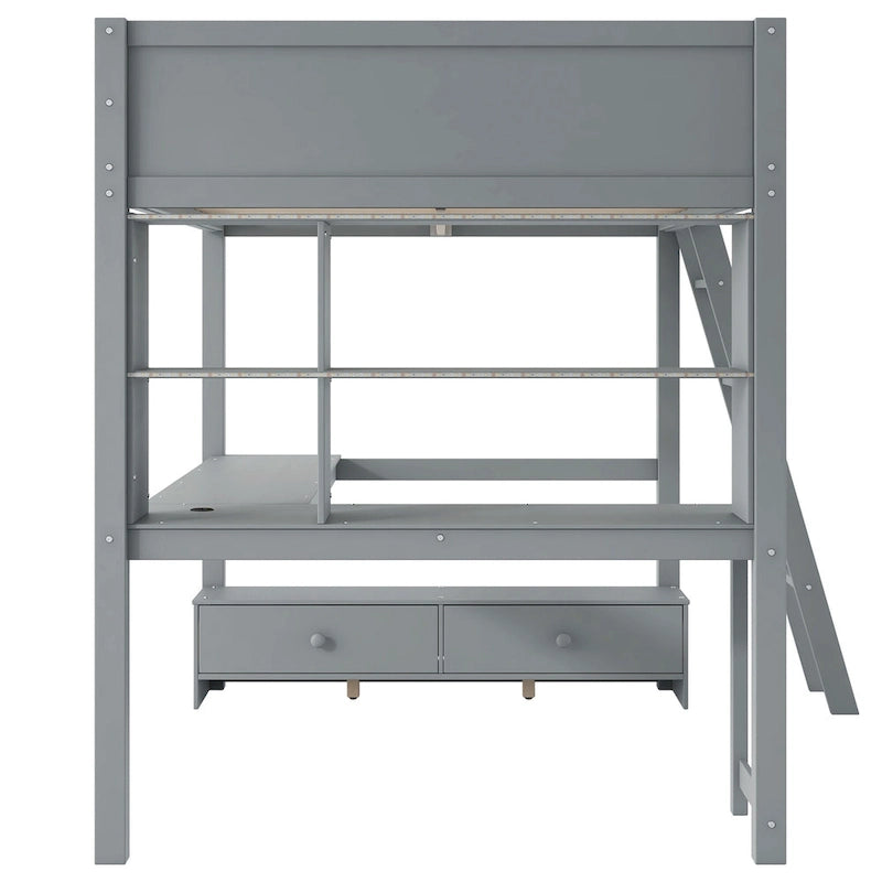 Lit mezzanine deux places avec bureau en L multi-rangements, éclairage LED et station de recharge USB, banc de rangement en bois avec 2 tiroirs