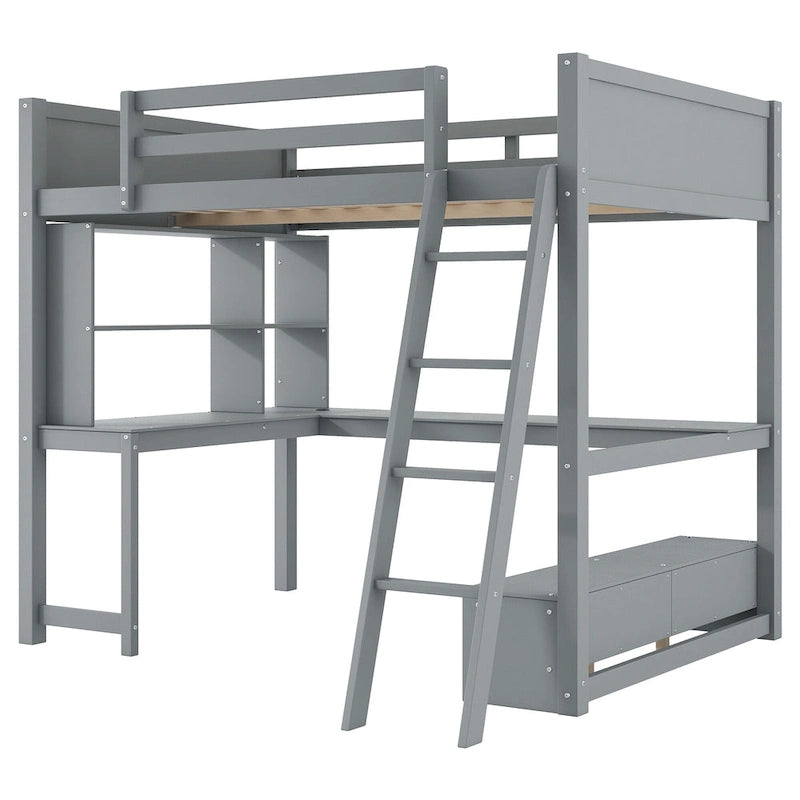 Lit mezzanine deux places avec bureau en L multi-rangements, éclairage LED et station de recharge USB, banc de rangement en bois avec 2 tiroirs