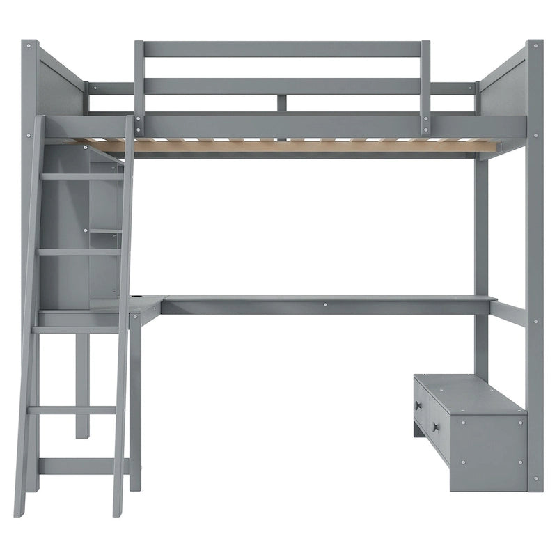 Lit mezzanine deux places avec bureau en L multi-rangements, éclairage LED et station de recharge USB, banc de rangement en bois avec 2 tiroirs