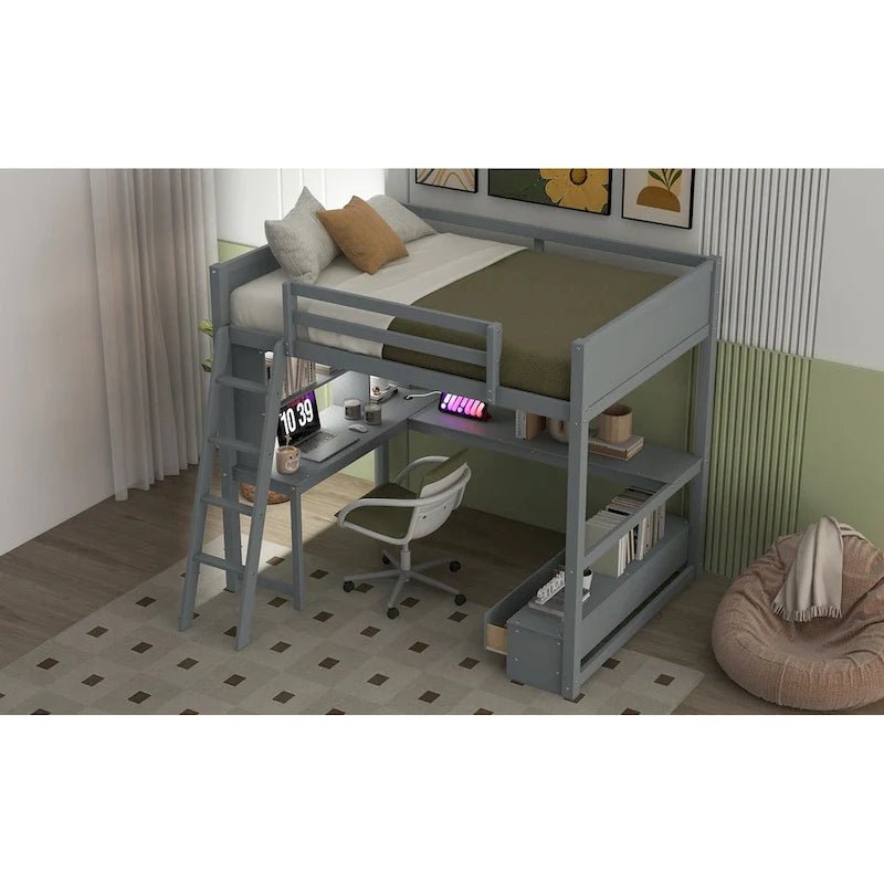 Lit mezzanine deux places avec bureau en L multi-rangements, éclairage LED et station de recharge USB, banc de rangement en bois avec 2 tiroirs