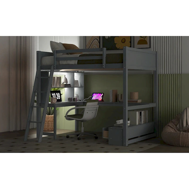 Lit mezzanine deux places avec bureau en L multi-rangements, éclairage LED et station de recharge USB, banc de rangement en bois avec 2 tiroirs