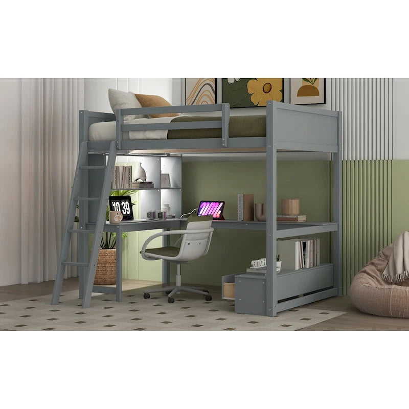 Lit mezzanine deux places avec bureau en L multi-rangements, éclairage LED et station de recharge USB, banc de rangement en bois avec 2 tiroirs