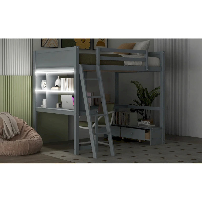 Lit mezzanine deux places avec bureau en L multi-rangements, éclairage LED et station de recharge USB, banc de rangement en bois avec 2 tiroirs