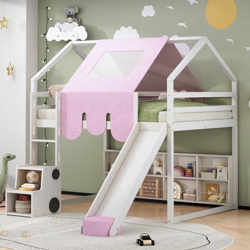 Lit mezzanine en bois en forme de maison avec tente, toboggan, échelle et étagères