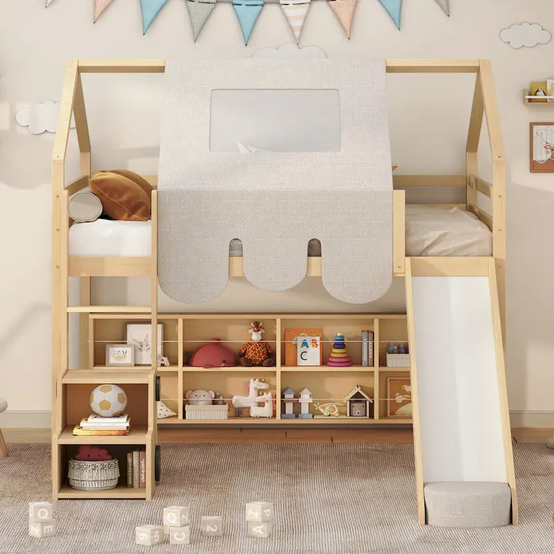 Lit mezzanine en bois en forme de maison avec tente, toboggan, échelle et étagères