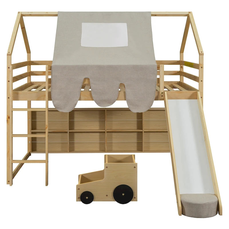 Lit mezzanine en bois en forme de maison avec tente, toboggan, échelle et étagères