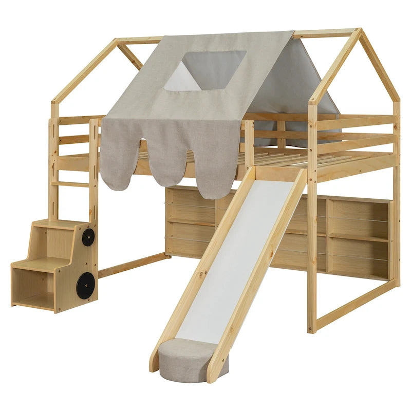 Lit mezzanine en bois en forme de maison avec tente, toboggan, échelle et étagères