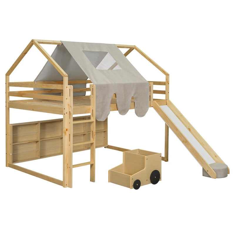Lit mezzanine en bois en forme de maison avec tente, toboggan, échelle et étagères
