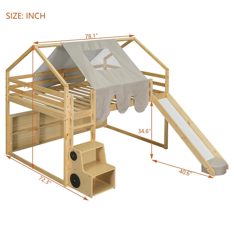 Lit mezzanine en bois en forme de maison avec tente, toboggan, échelle et étagères