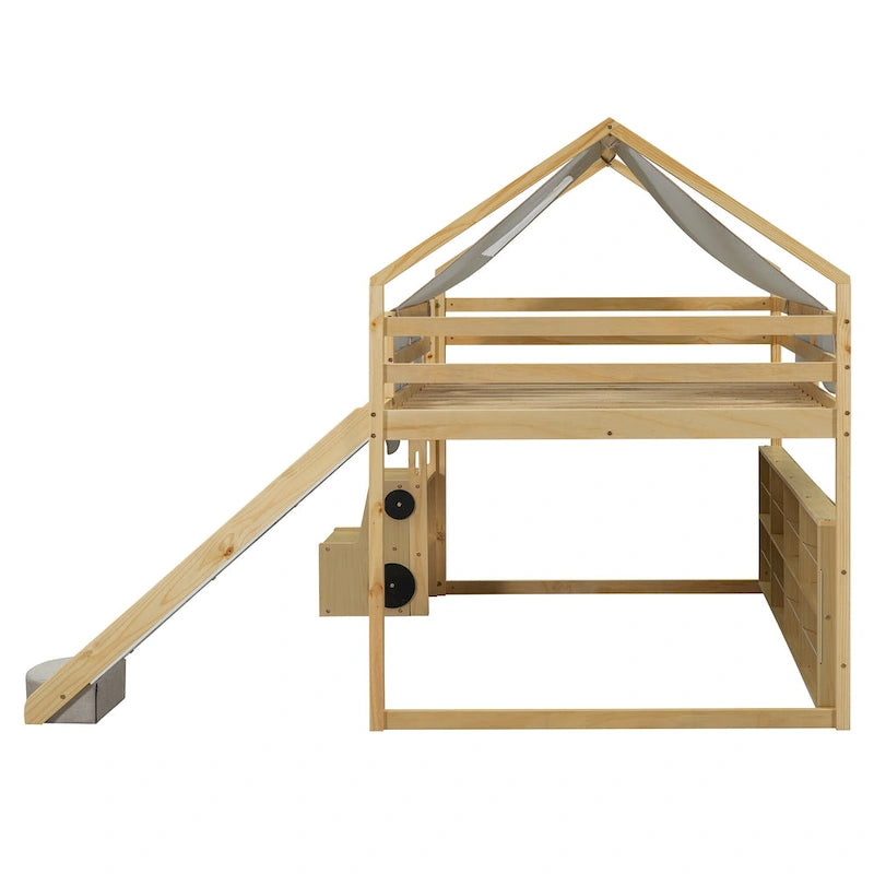Lit mezzanine en bois en forme de maison avec tente, toboggan, échelle et étagères