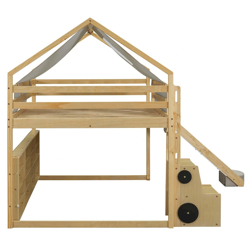 Lit mezzanine en bois en forme de maison avec tente, toboggan, échelle et étagères