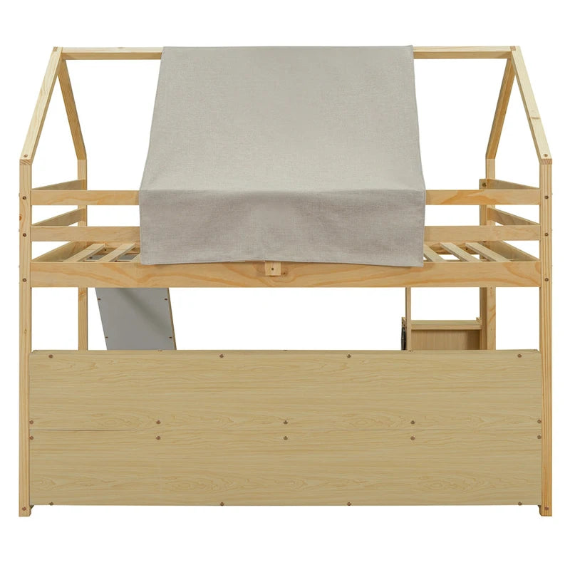 Lit mezzanine en bois en forme de maison avec tente, toboggan, échelle et étagères