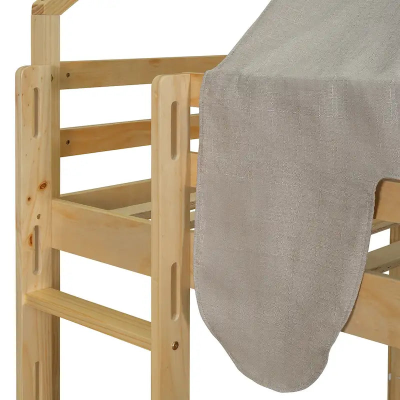 Lit mezzanine en bois en forme de maison avec tente, toboggan, échelle et étagères