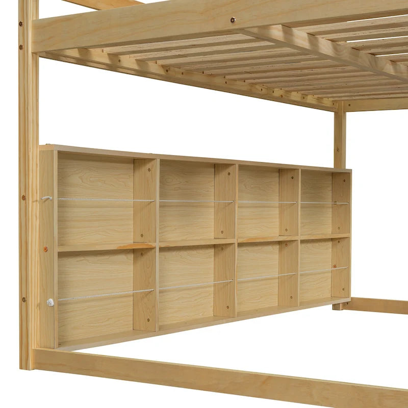 Lit mezzanine en bois en forme de maison avec tente, toboggan, échelle et étagères