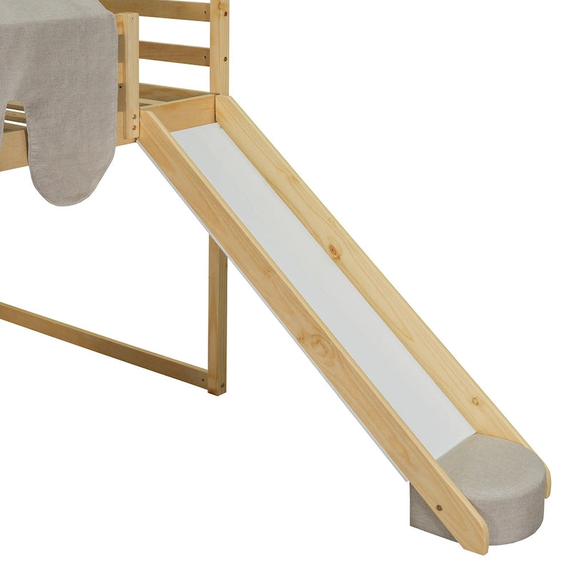 Lit mezzanine en bois en forme de maison avec tente, toboggan, échelle et étagères