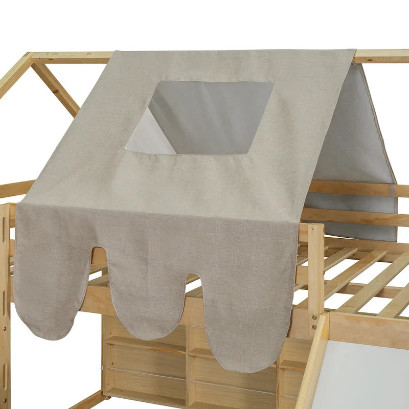 Lit mezzanine en bois en forme de maison avec tente, toboggan, échelle et étagères