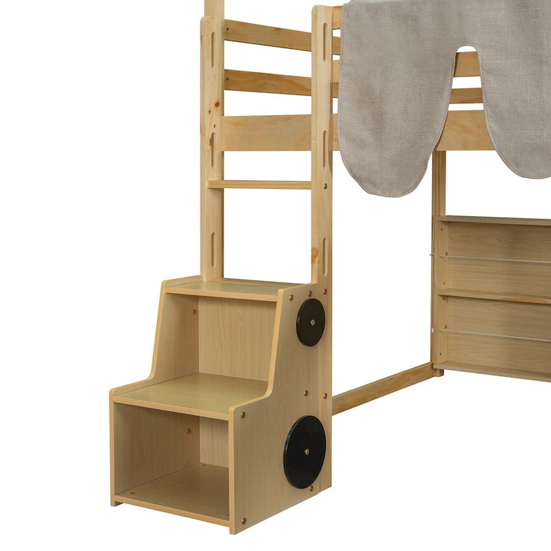 Lit mezzanine en bois en forme de maison avec tente, toboggan, échelle et étagères