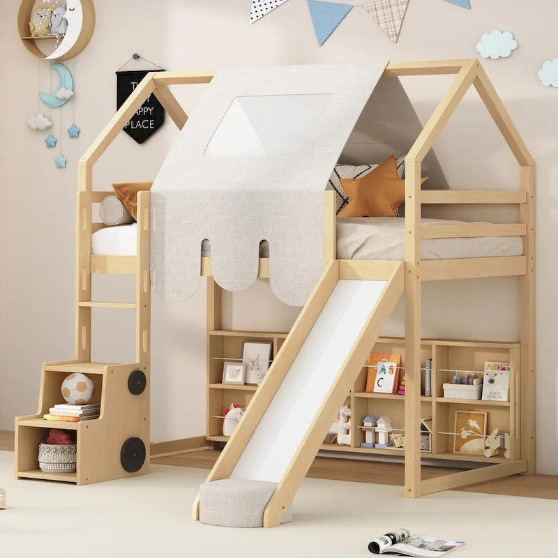 Lit mezzanine en bois en forme de maison avec tente, toboggan, échelle et étagères