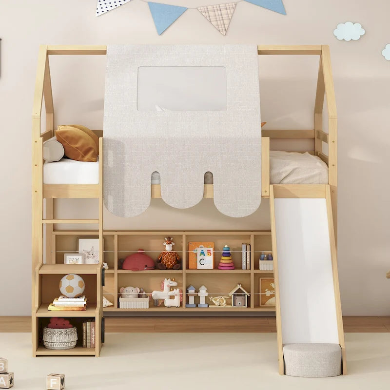 Lit mezzanine en bois en forme de maison avec tente, toboggan, échelle et étagères