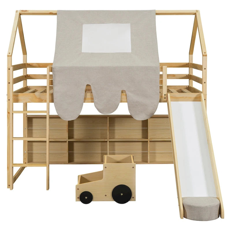 Lit mezzanine en bois en forme de maison avec tente, toboggan, échelle et étagères