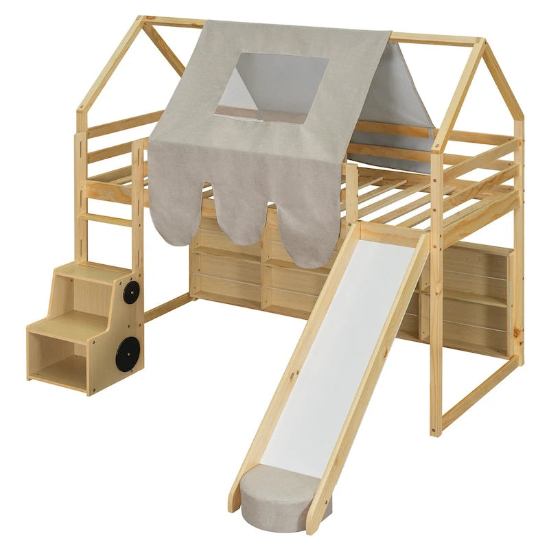 Lit mezzanine en bois en forme de maison avec tente, toboggan, échelle et étagères