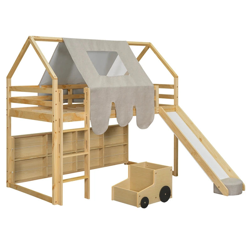 Lit mezzanine en bois en forme de maison avec tente, toboggan, échelle et étagères